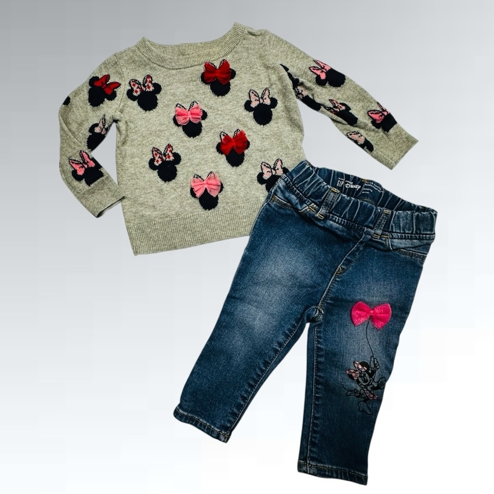 GAP Minnie Mouse Sweater & GAP Minnie Mouse Jeans with Bows - Size: 12-18 mths